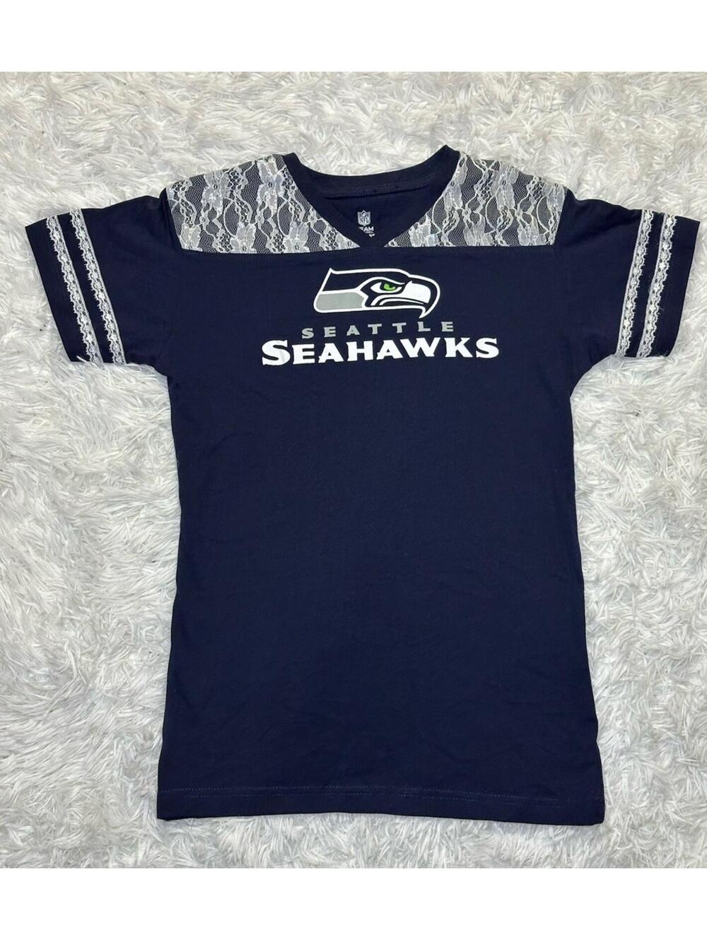 NFL Seattle Seahawks Kids XL 14-16 Lace Shoulder T-Shirt Navy Blue Girls